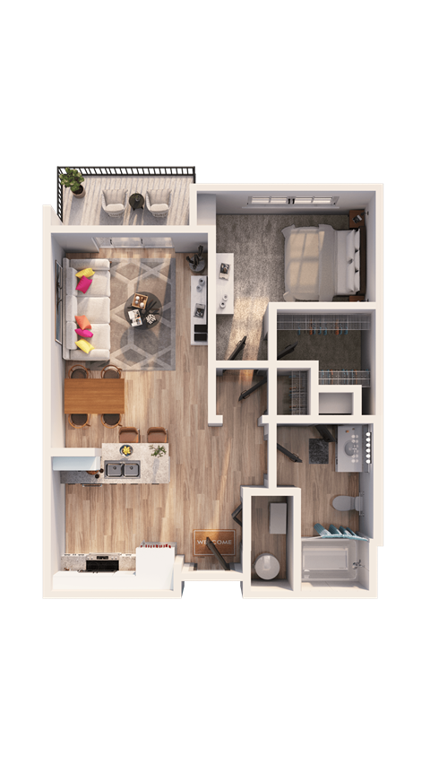 Floor plan for 1 bed, 1 bath, 615 sqft